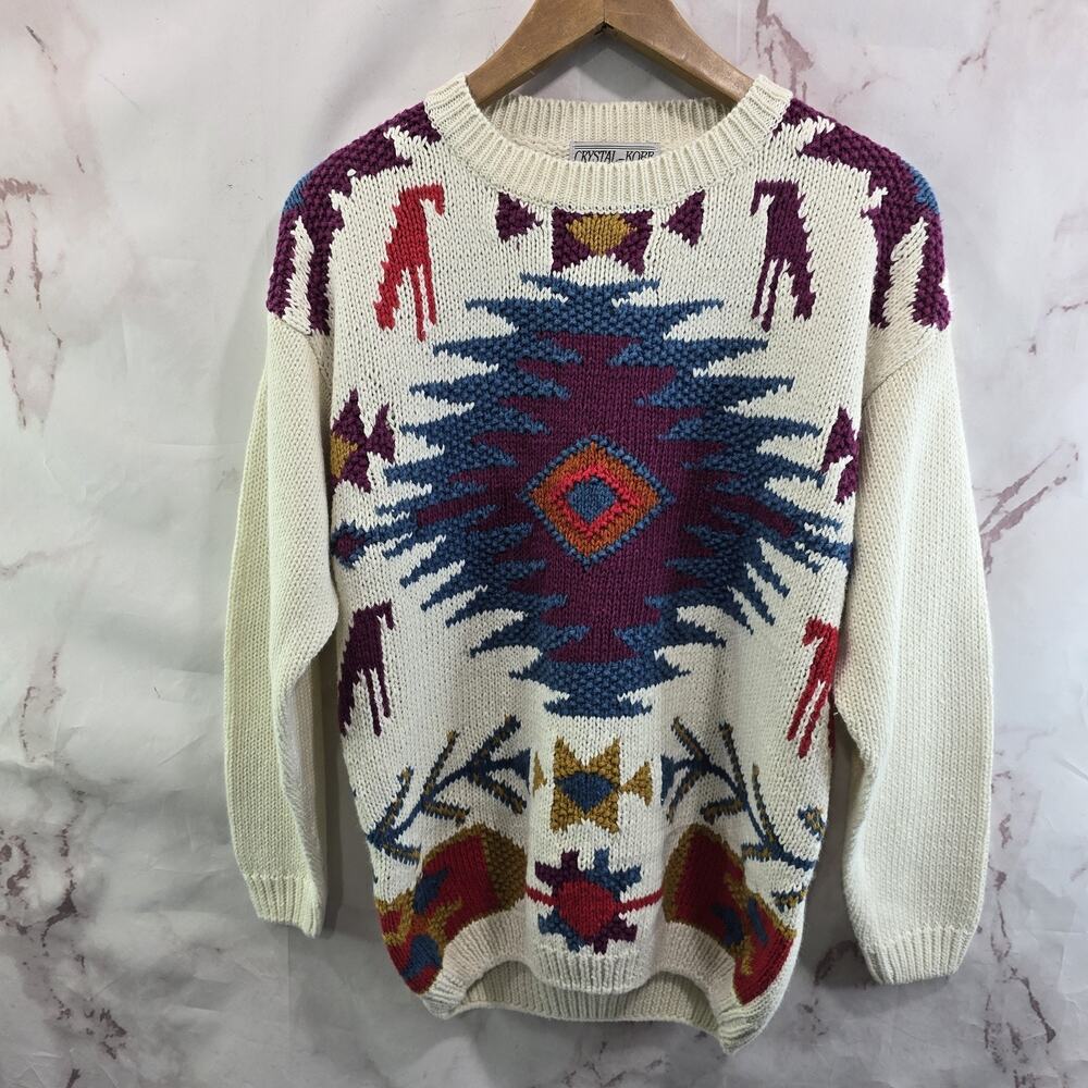 Vintage Sweater Womens Large White Aztec Southwestern Mustard Intarsia Western